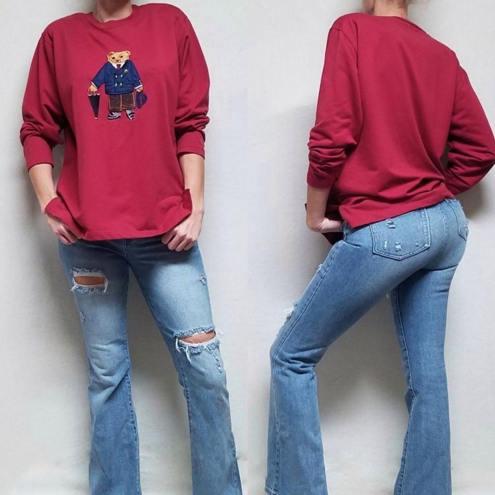 VINTAGE 1980s Ralph Lauren Dapper Bear Red Shoulder Pad Crewneck Long Sleeve Top